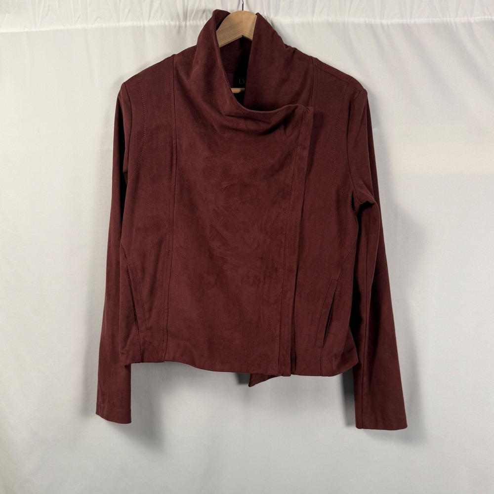 Lysse Womens S Faux Suede Drape Collar Moto Jacket‎ Burgundy Asymmetrical Zip